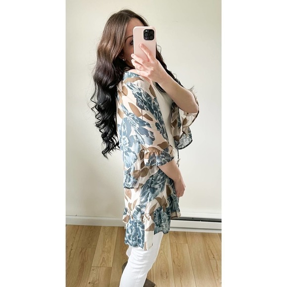 Anthropologie E by Eloise Blue Cream Floral Ruffle Trim Sheer Kimono Robe XS S - Picture 5 of 13